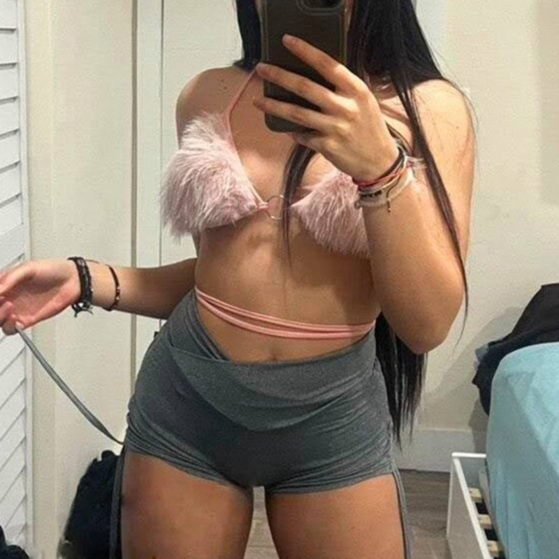 Pink Vegan Fur Fuzzy Bra Top