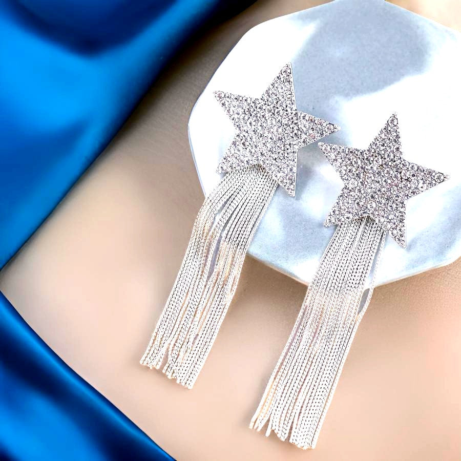Silver Cowboy Rhinestone Star Tassle Earrings