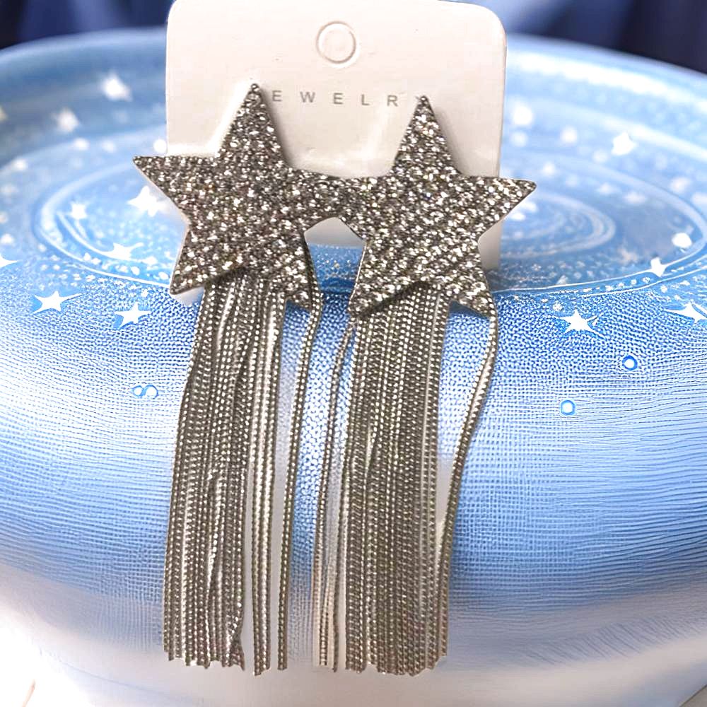 Silver Cowboy Rhinestone Star Tassle Earrings