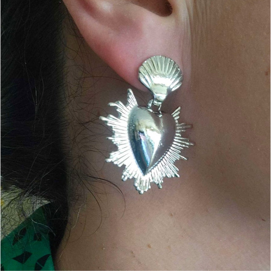 Silver Milagro Corazon Sacred Heart Dangle Earrings