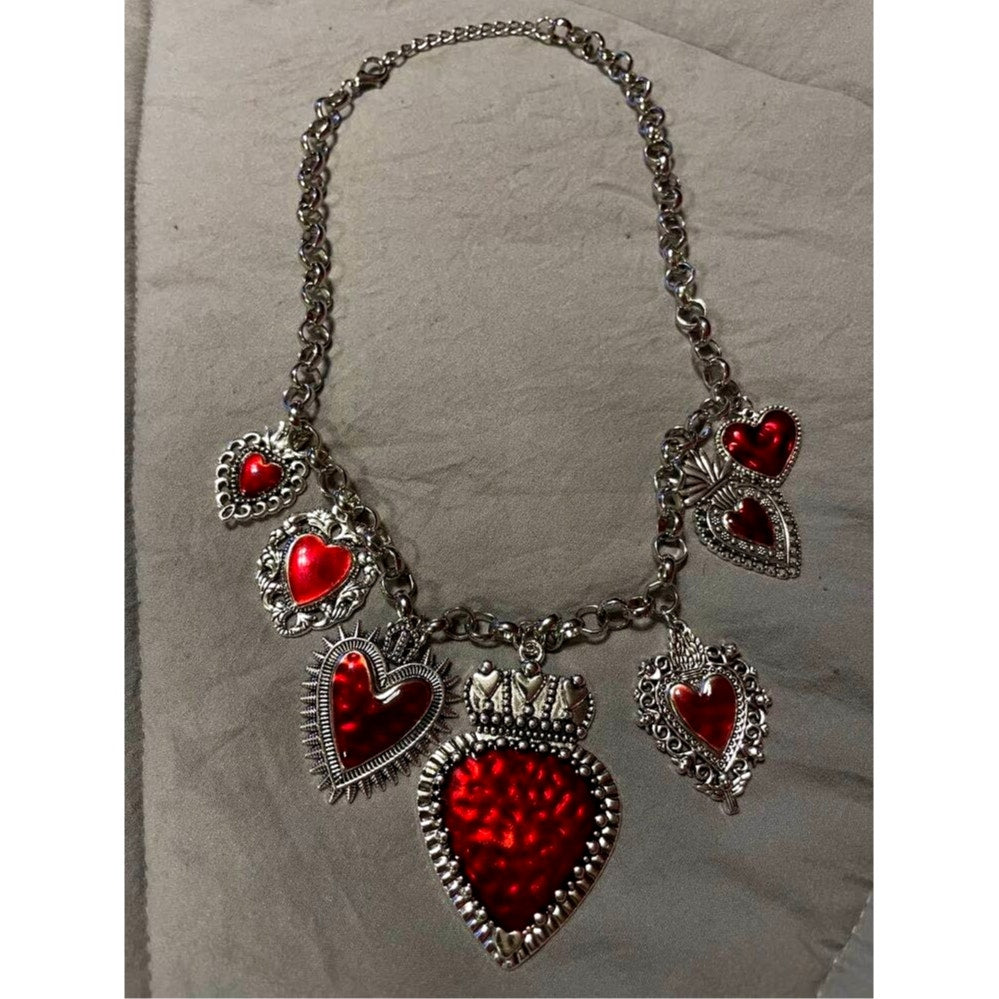 New Red Corazon Sagrado Sacred Heart Charm Necklace Chunky Religious Spanish