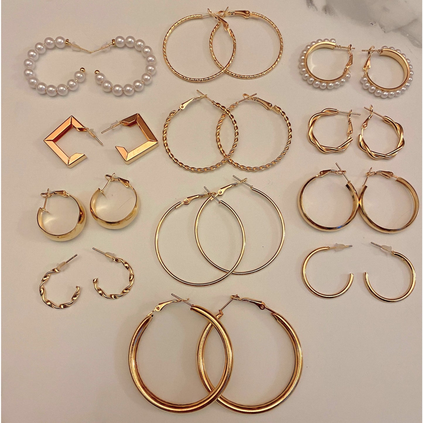 24 pieces gold hoop earrings mixed lot set Pearl Geometric Square