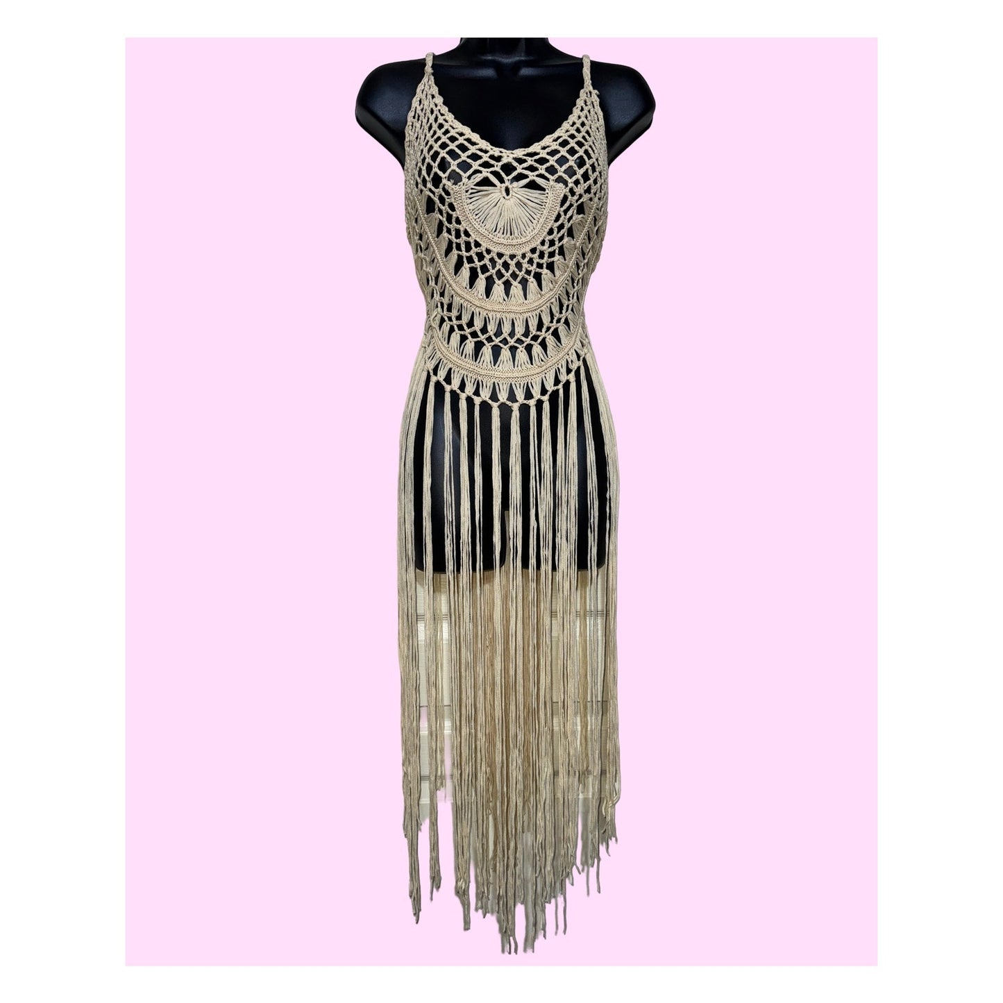 Sandy Fringe Knit Beach Maxi Dress