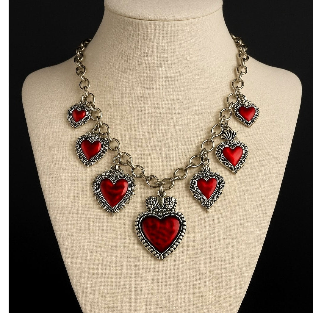 New Red Corazon Sagrado Sacred Heart Charm Necklace Chunky Religious Spanish