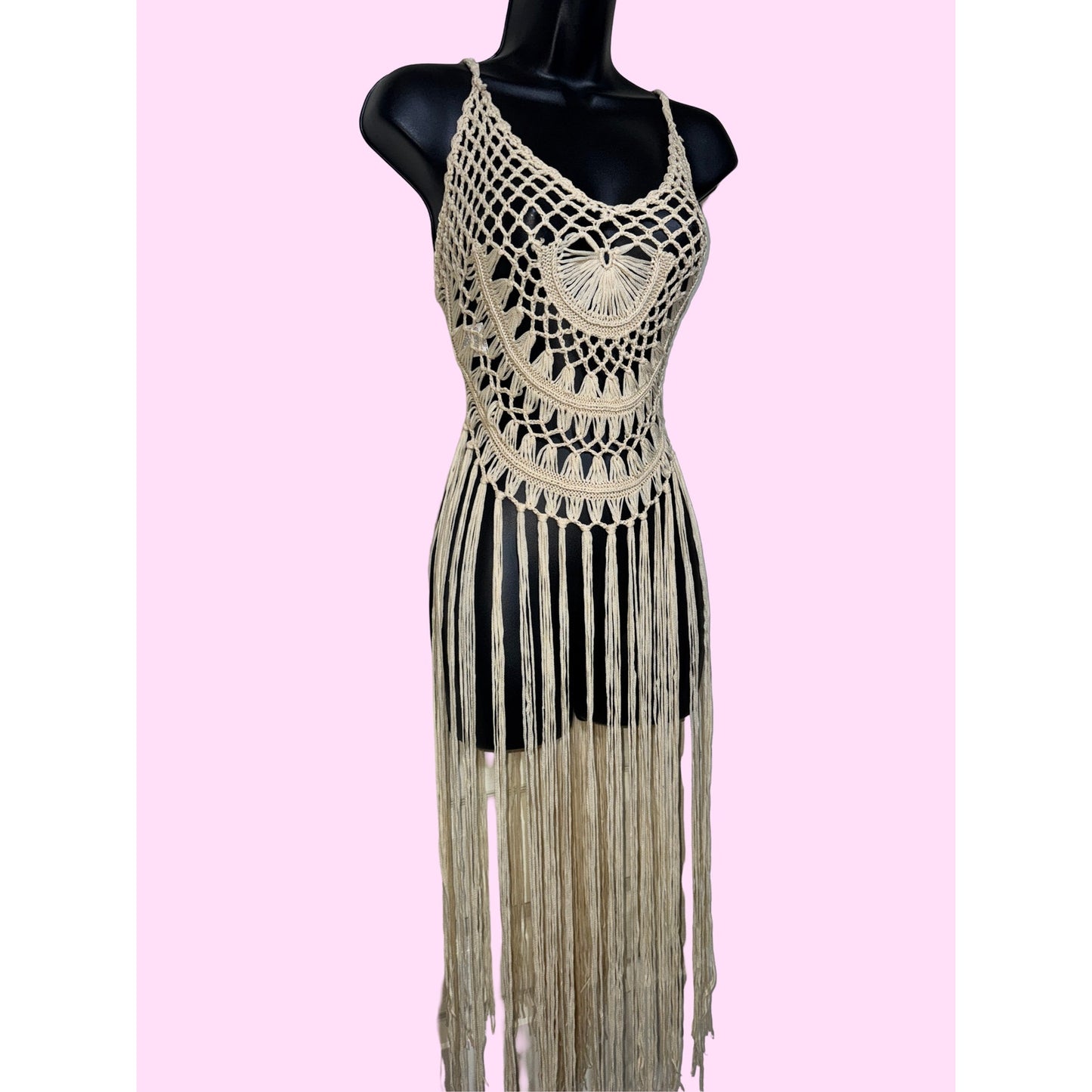 Sandy Fringe Knit Beach Maxi Dress