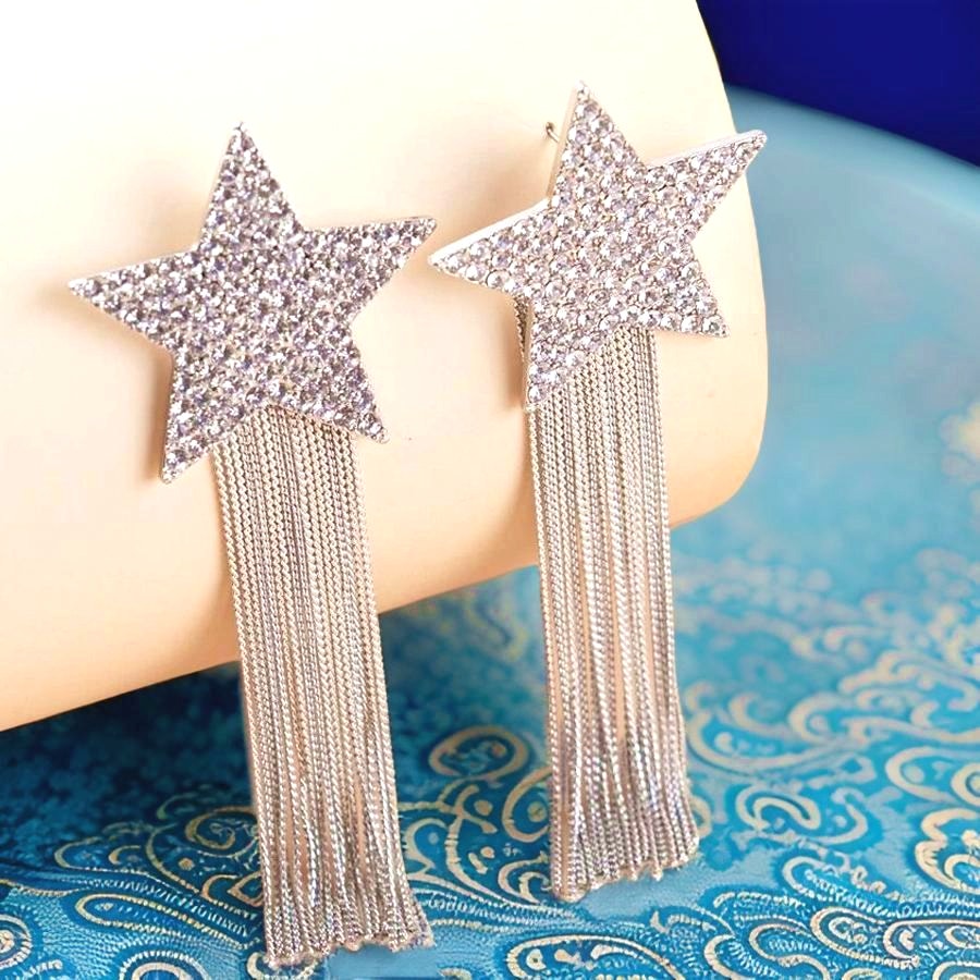 Silver Cowboy Rhinestone Star Tassle Earrings