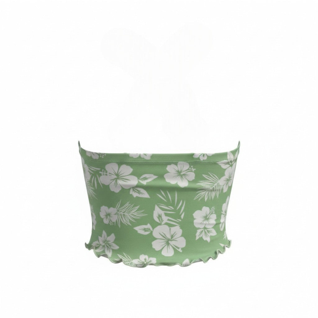 Small Green Hibiscus Ruched Halter Neck Sweetheart Crop Top