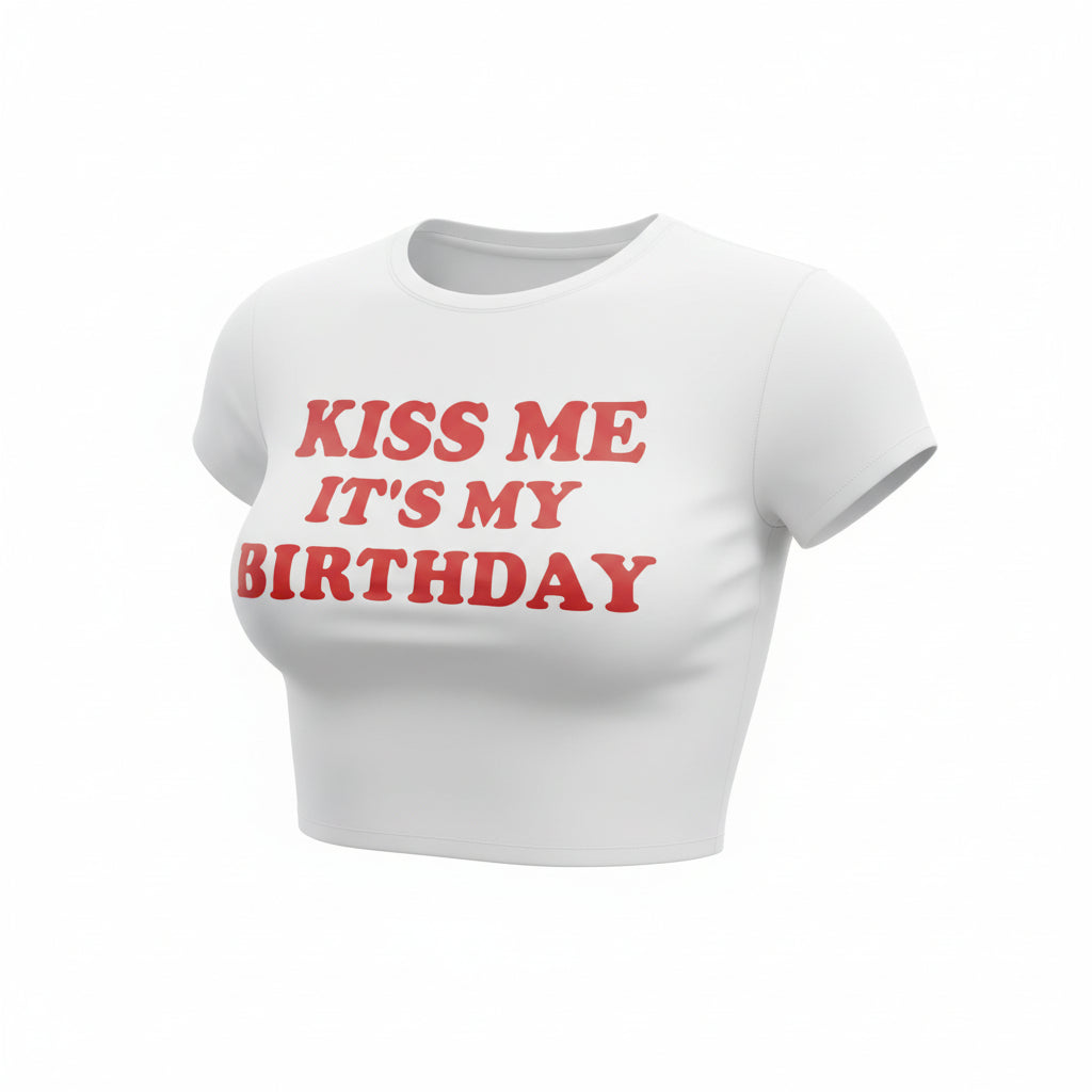 "Kiss Me Its My Birthday" Crop Tee - White
