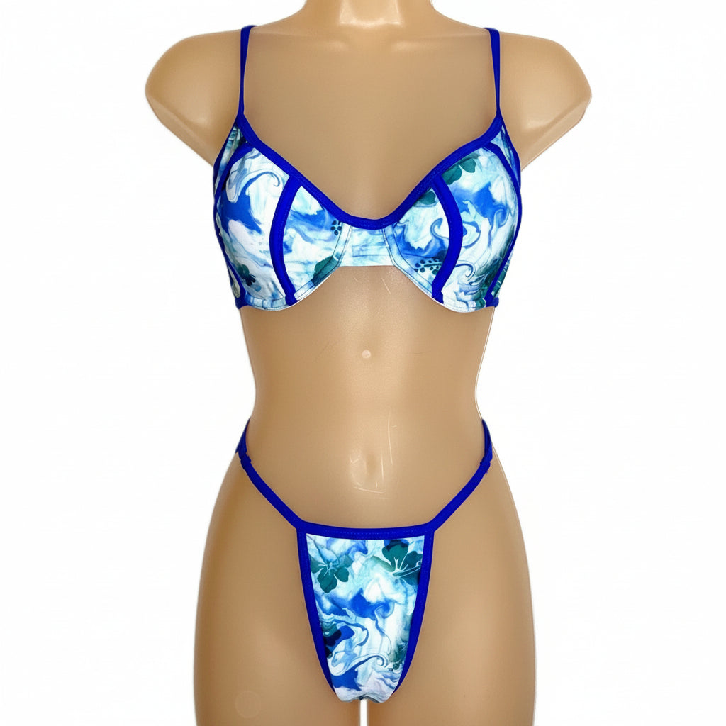 Blue Floral Adjustable Bikini Swimsuit Set