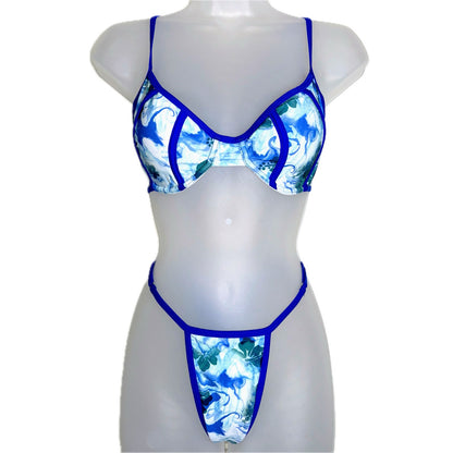 Small Blue Floral Adjustable Bikini Swimsuit Set