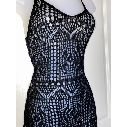 XS Black Knit Crochet Swimsuit Cover Up Mini Dress