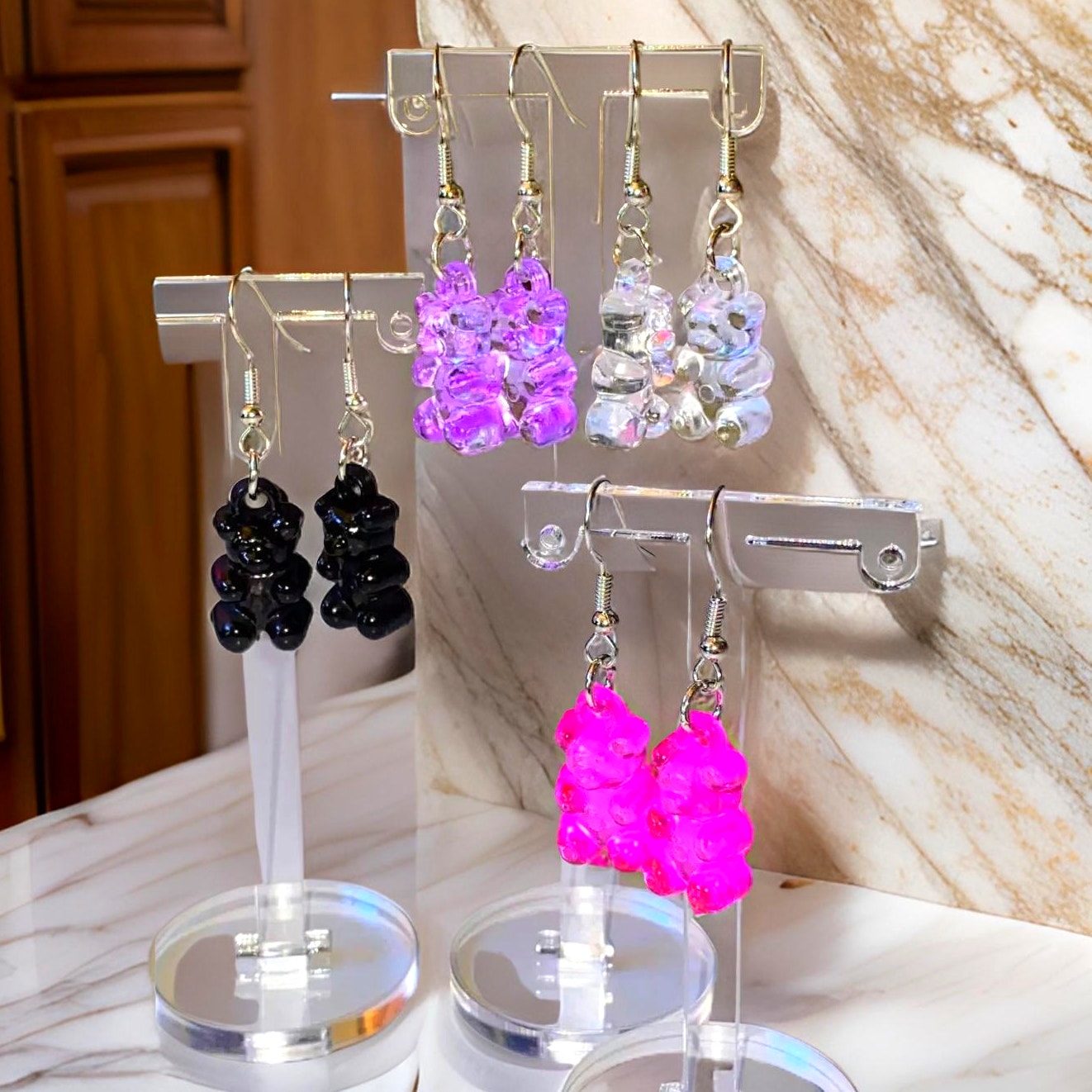 4 Pairs Gummy Bear Clear Jelly Acrylic Dangle Drop Earrings Cute Gift Purple