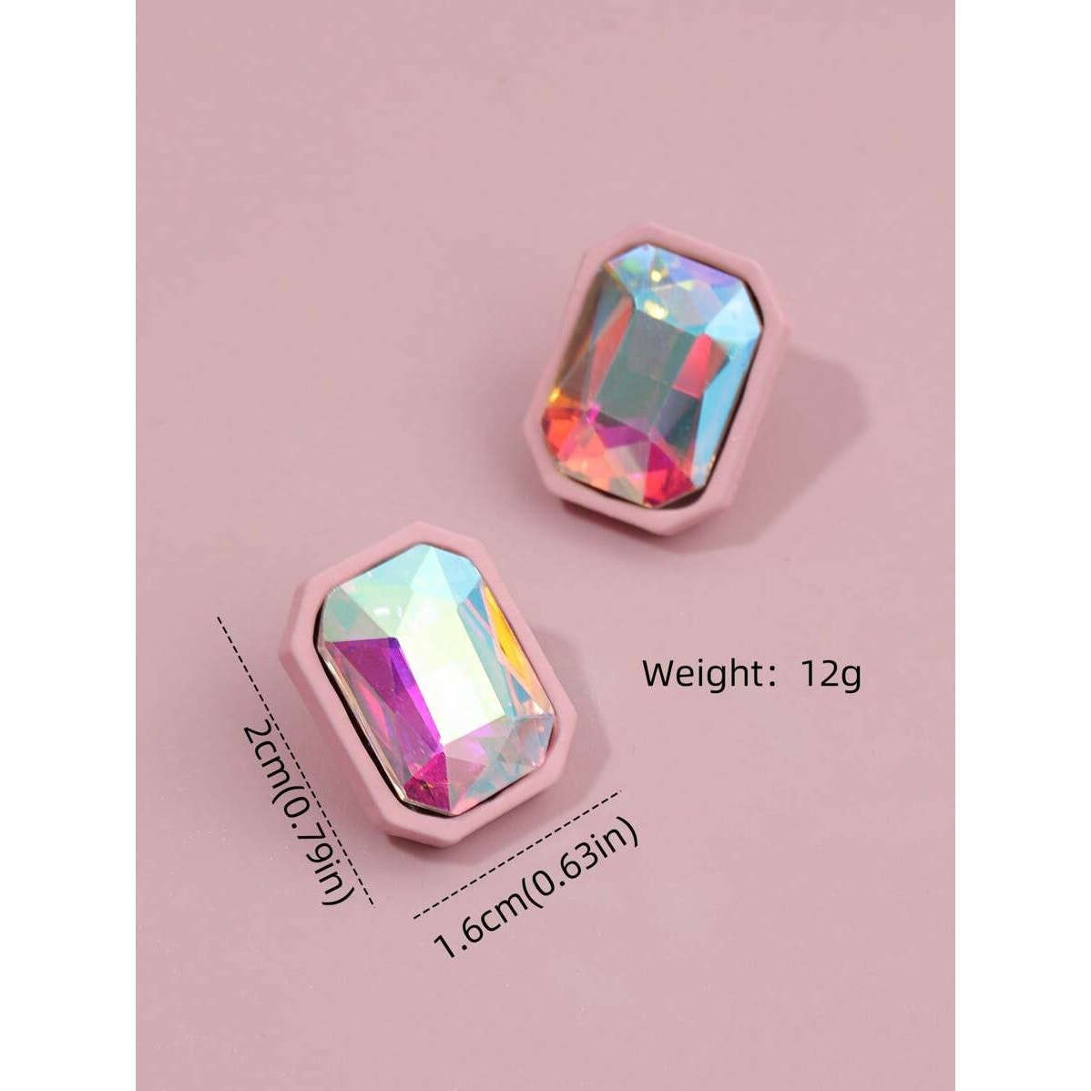 New Pink Rhinestone Iridescent Emerald Cut Scissor Stud Earrings Jewel Rectangle