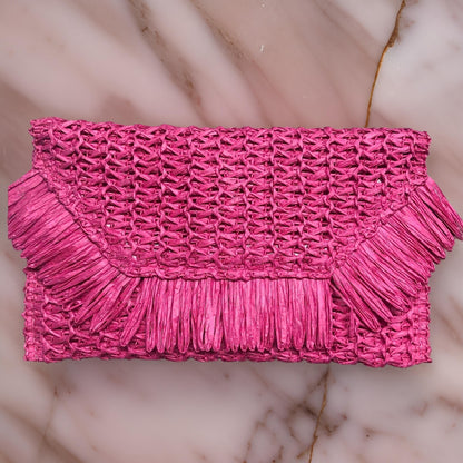 Pink Straw Fringe Square Clutch Bag