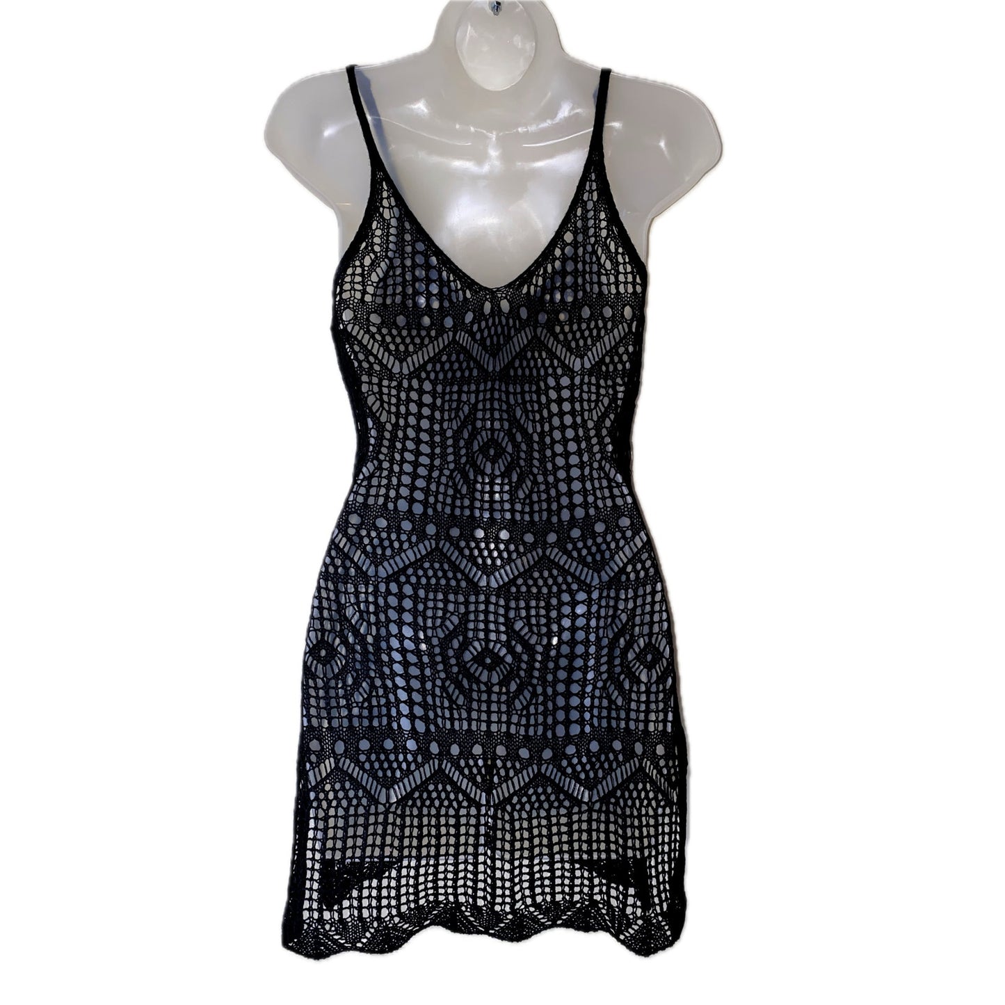 XS Black Knit Crochet Swimsuit Cover Up Mini Dress