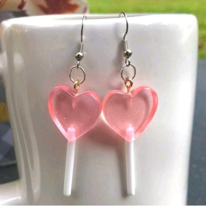 New Pink Heart Translucent Lollipop Sucker Glitter Earrings Long Barbie