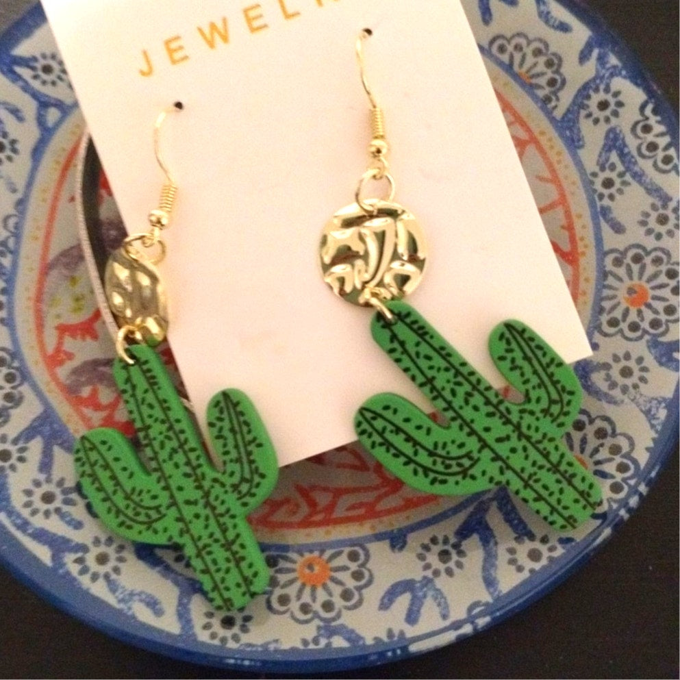 New Cactus Desert Gold Dangle Earrings Cacti Metal Western Plants Southewest