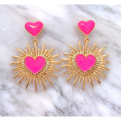 Pink Burst Milagro Corazon Dangle Earrings