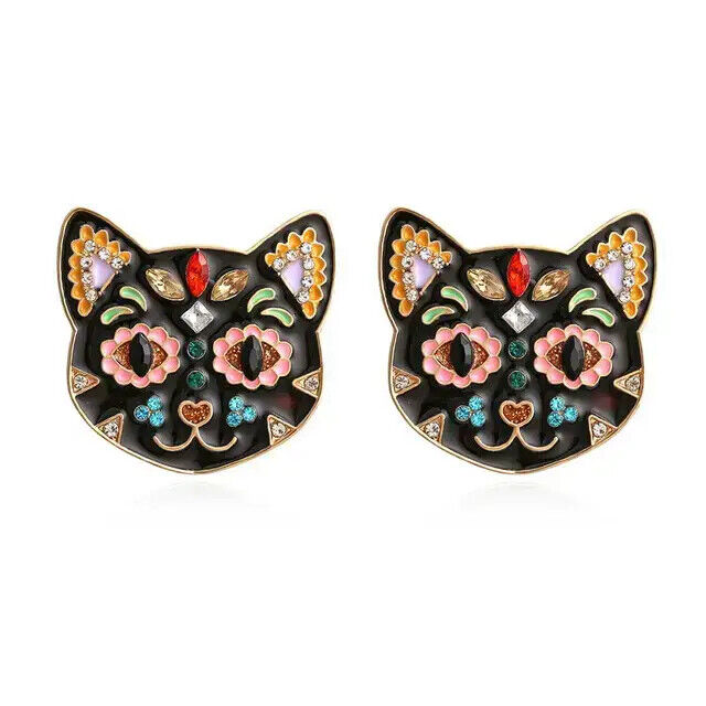 NEW Rhinestone Sugar Skull Halloween Black Cat Stud Earrings Multicolor