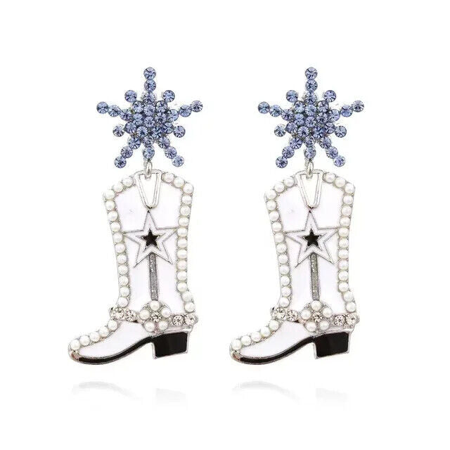 Dallas Cowboys Silver Beaded Boot Dangle Earrings