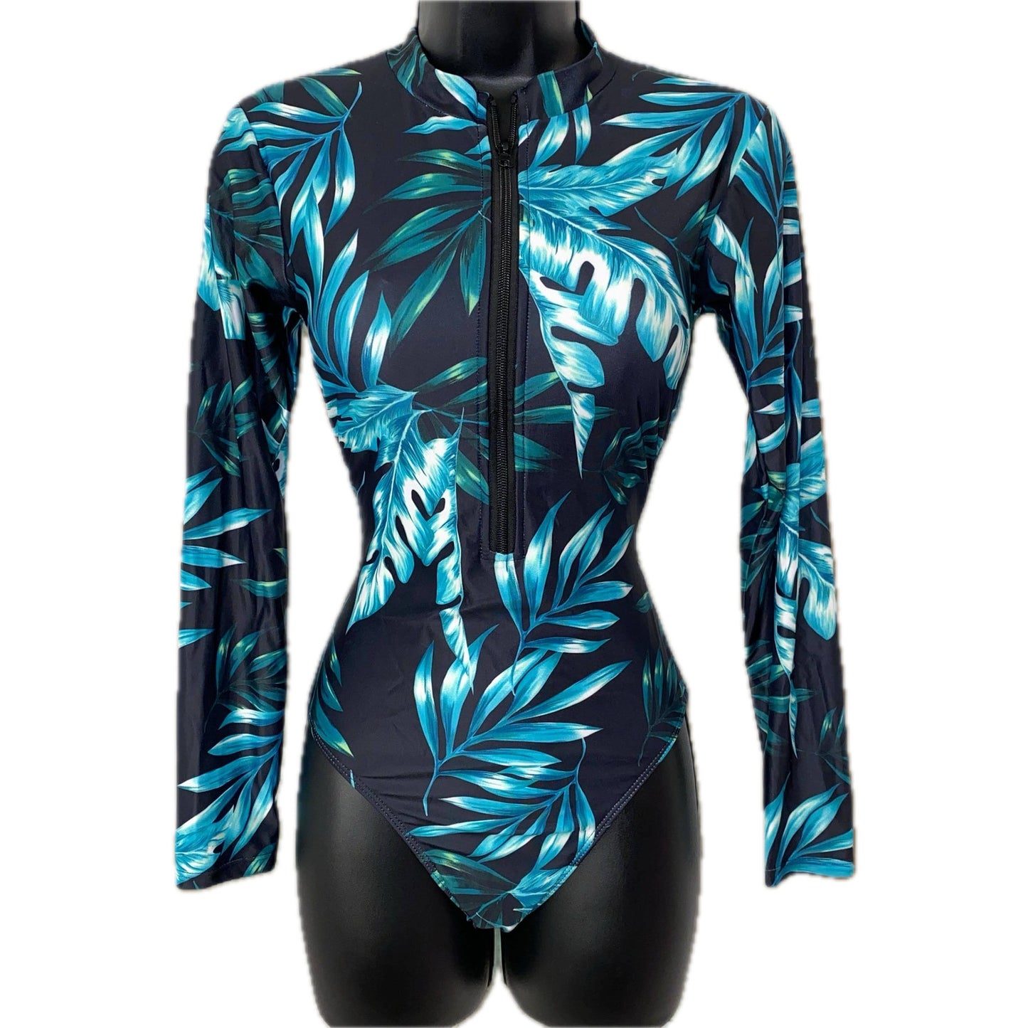 Tropical Leaf Print Long Sleeve Padded Swim Suit