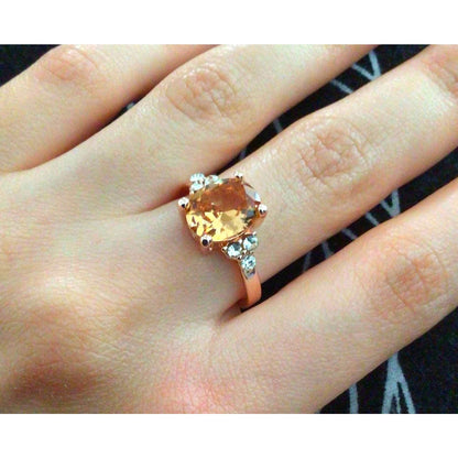 New Rose Gold 7 Cushion Pink Peach Crystal Halo Ring with Side Accents