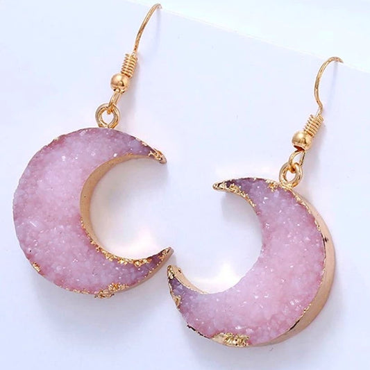 New Moon Geode Amethyst Dangle Earrings Gold Crystal Quartz Stone Druzy Pink