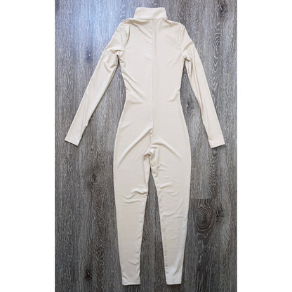 XS Beige Ribbed High Neck Long Sleeve Stretchy Jumpsuit