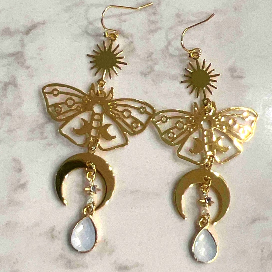 New Crystal Butterfly Gold Quartz Dangle Earrings Stone Boho Rave Faerie Opal