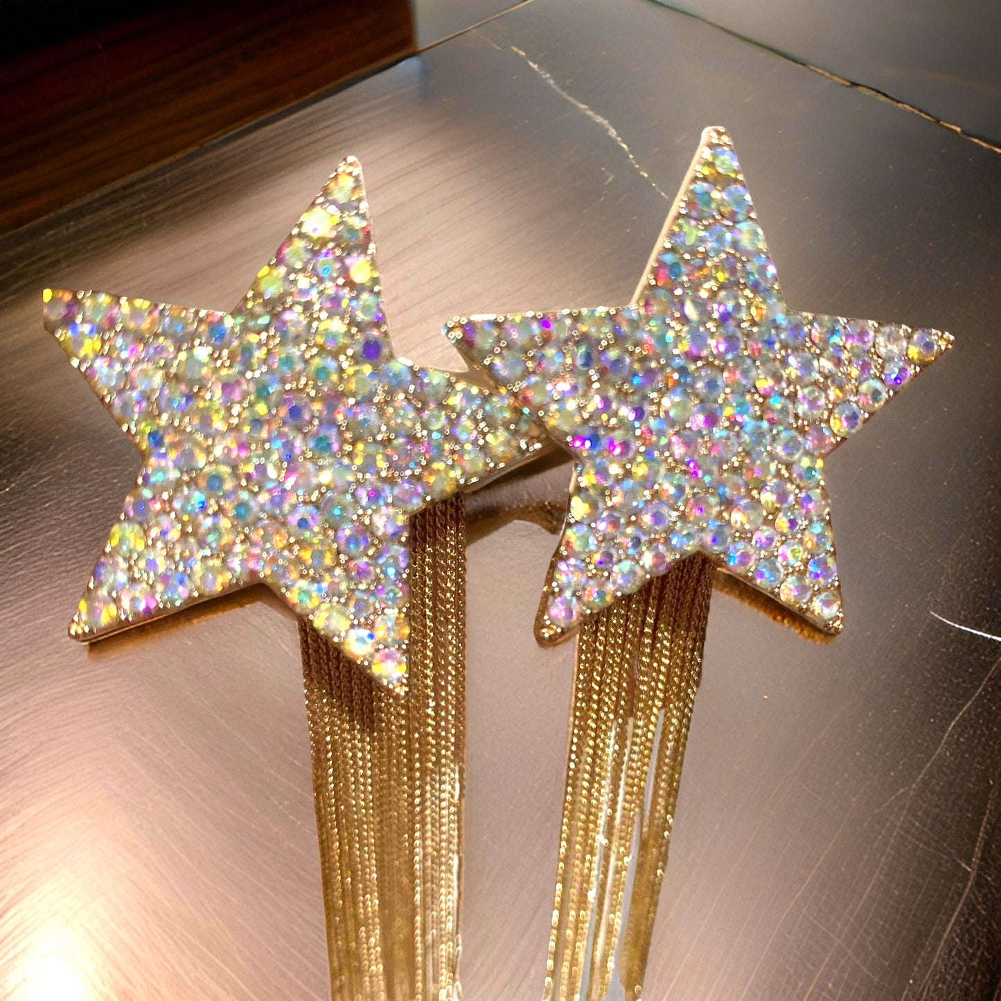 Iridescent Cowboy Rhinestone Star Tassle Earrings