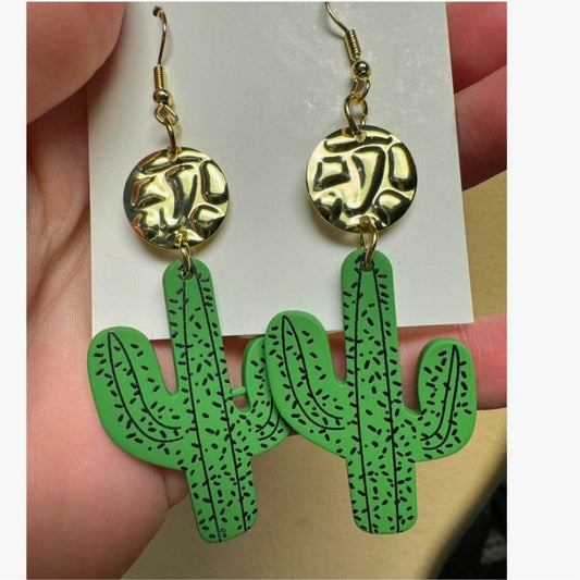 New Cactus Desert Gold Dangle Earrings Cacti Metal Western Plants Southewest