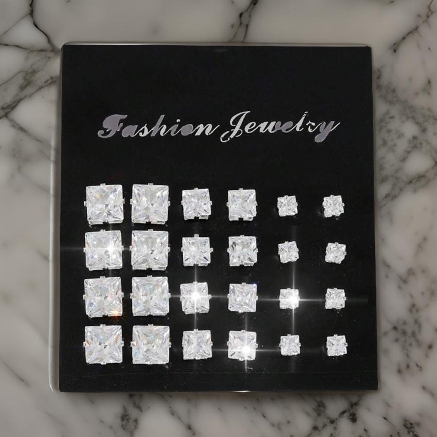 Square Cubic Zirconia Stud Silver Earrings