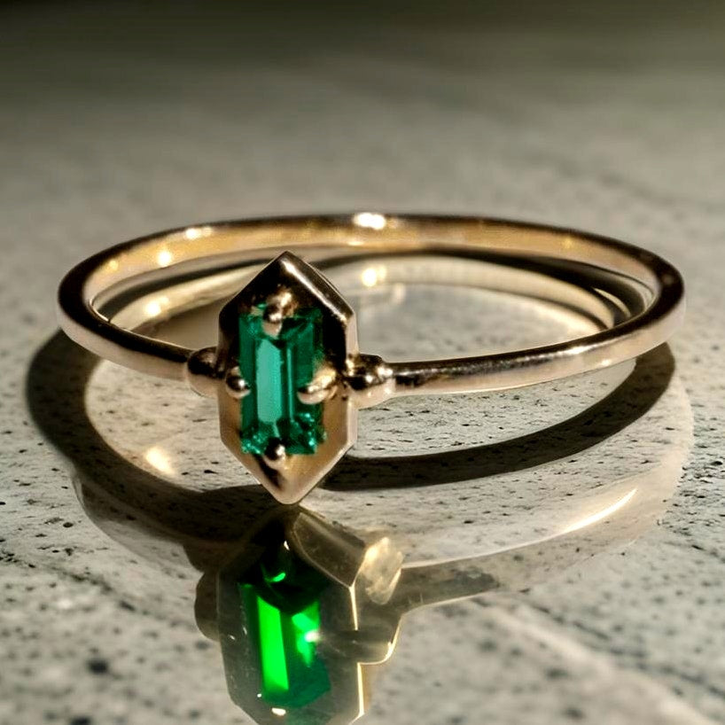 Emerald Cut Green Pronged Gold Ring