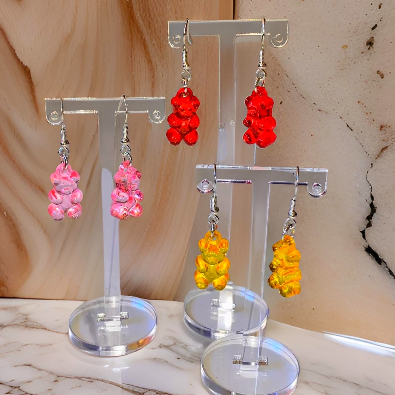 3 Pairs Gummy Bear Clear Jelly Acrylic Dangle Drop Earrings Cute Gift Pink