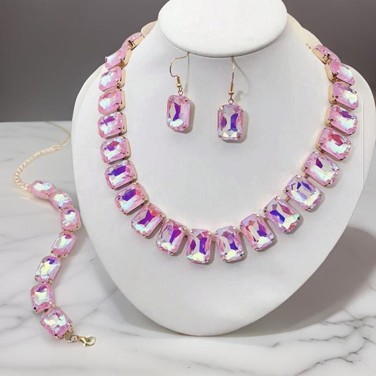 3 Pc Pink Crystal Iridescent Jewel Set