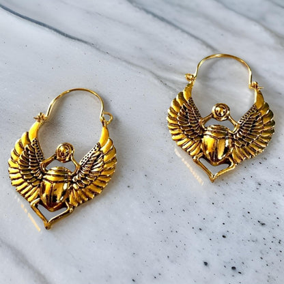 Gold Egyptian Scarab Beetle Huggie Hoop Earrings