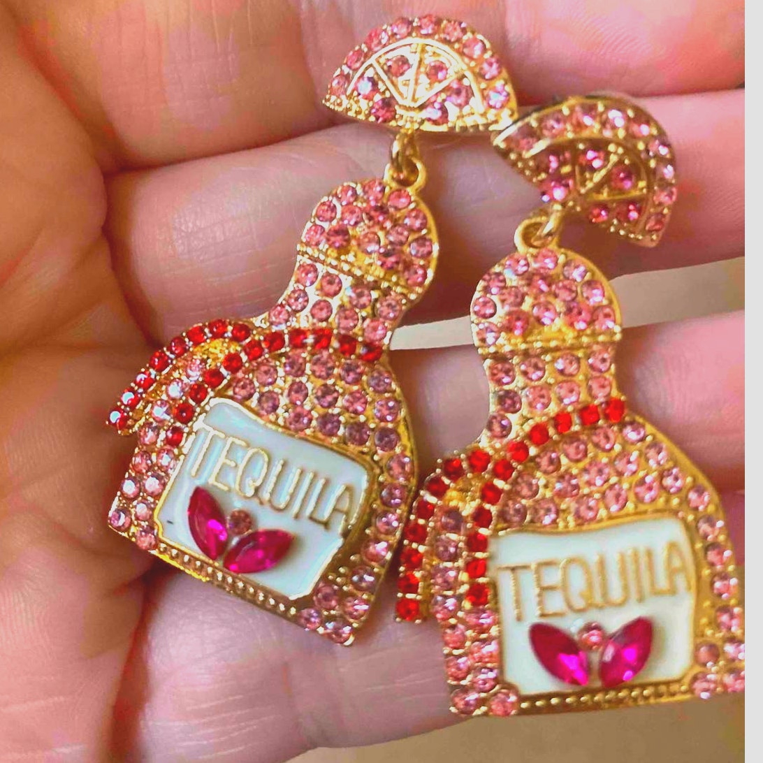 Pink Rhinestone Tequila Bottle Dangle Earrings