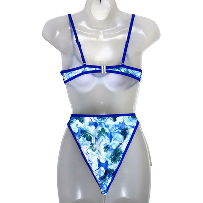 New Medium Blue Floral Adjustable Bikini Swimsuit Set Underwire Balconette Retro