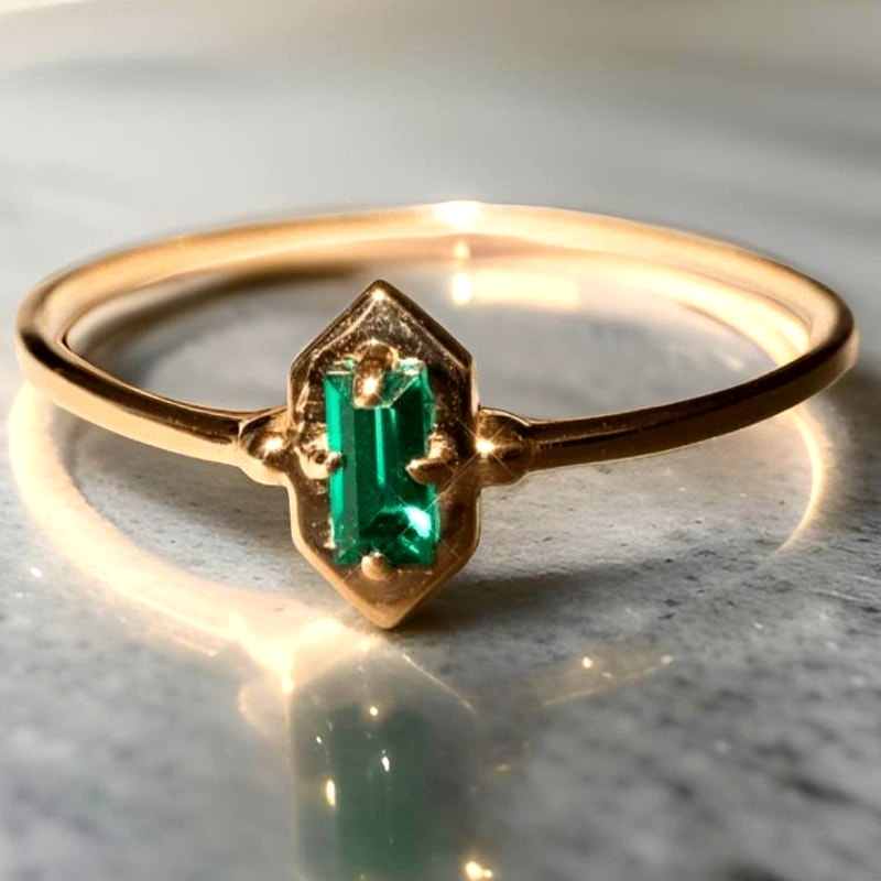 Emerald Cut Green Pronged Gold Ring