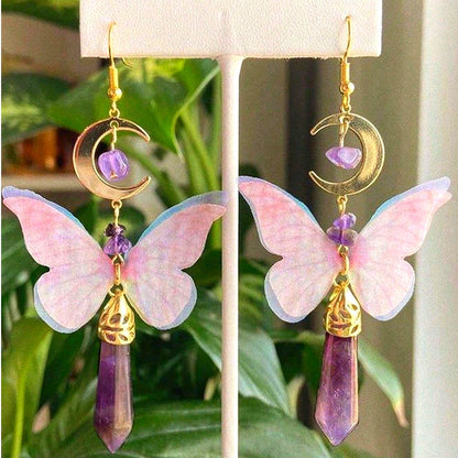 New Crystal Butterfly Gold Amethyst Quartz Druzy Dangle Earrings Stone Moon