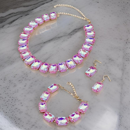 3 Pc Pink Crystal Iridescent Jewel Set