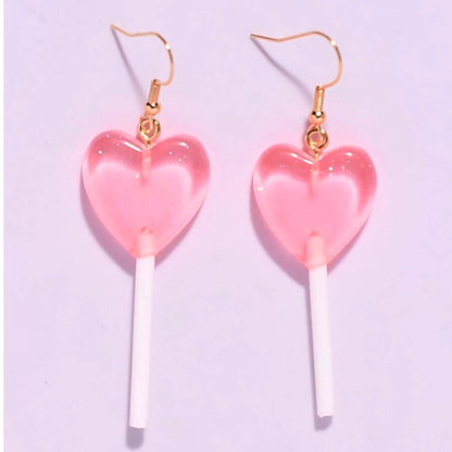 New Pink Heart Translucent Lollipop Sucker Glitter Earrings Long Barbie