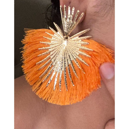 Orange Gold Fringe Fan Statement Earrings