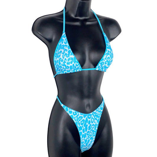 Small Blue Animal Print Leopard Adjustable Triangle Hi Cut Bikini Swimsuit