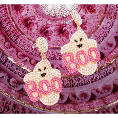 Rhinestone Cute Ghost Earrings Halloween Boo Pink Beaded Dangle Pastel