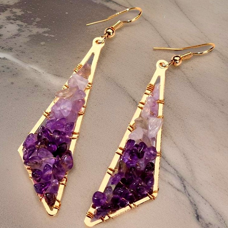 Amethyst Gold Beaded Geometric Earrings