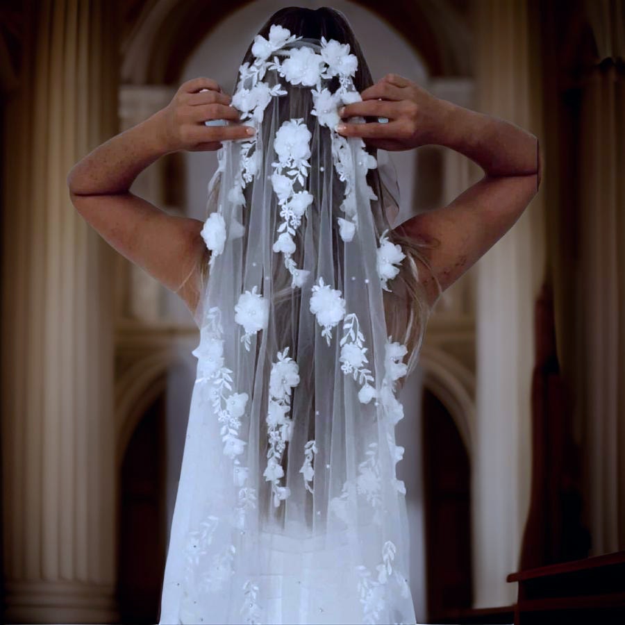 Floral Accent Wedding Veil - White