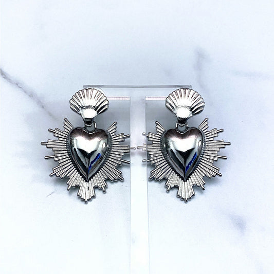 Silver Milagro Corazon Sacred Heart Dangle Earrings