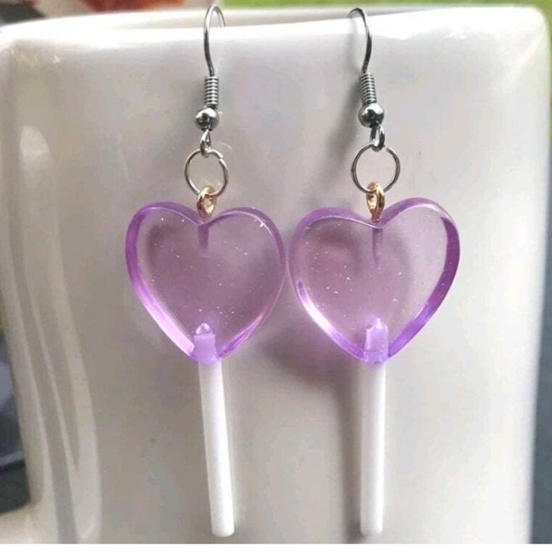 New Purple Heart Translucent Lollipop Sucker Glitter Earrings Long Barbie