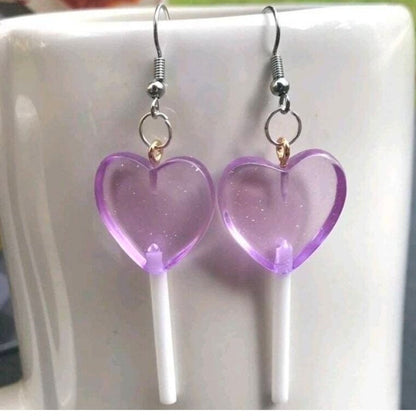 New Purple Heart Translucent Lollipop Sucker Glitter Earrings Long Barbie